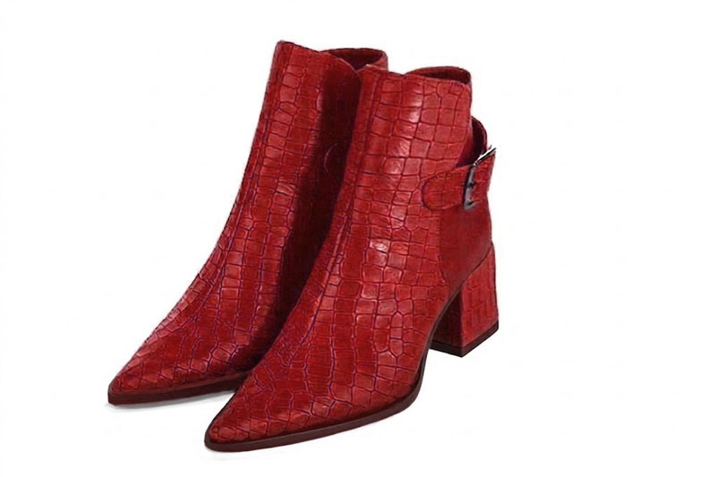 Women's scarlet red back-buckle ankle boots with pointed toe and mid block heel - Front view